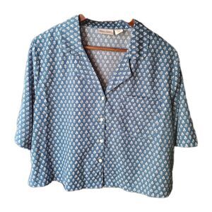 Haute Hippie Size L Women's Boho Crop Top Blue And White Short Sleeve Button Up